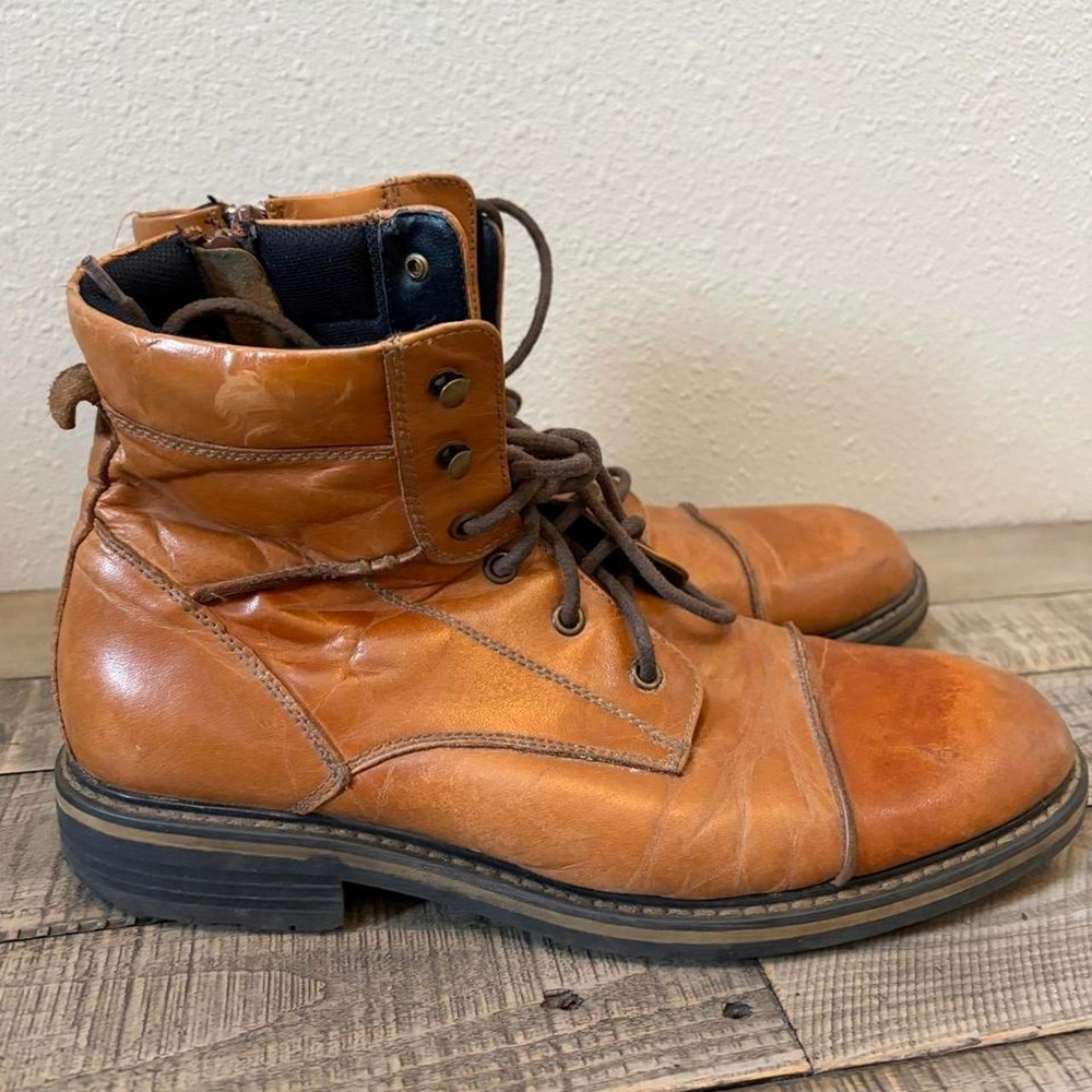 Leather men's service combat boots  caped toe side zip streetwear civic